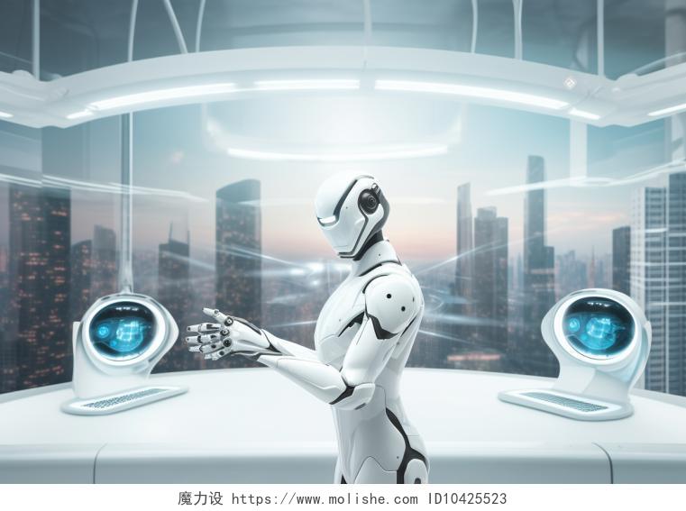 充满未来高科技感的白色科技展厅场景展厅机械臂机器人互动